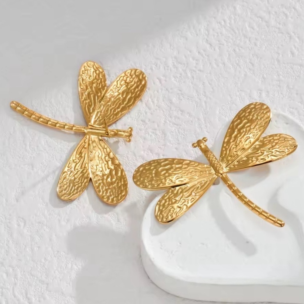 Gold Dragonfly Stud Earrings - Picture 2 of 8